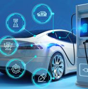 Electric car at charging station. Electric car power cable plugged into car charging station booth futuristic modern technology loading electricity energy.  EV concept. 3d illustration